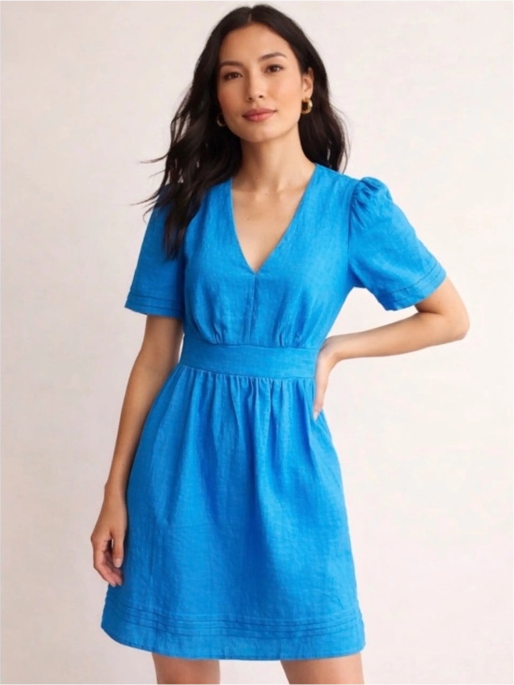 Boden NWT Eve 100% Linen Dress - Blue V-Neck Puff Sleeve - Size 8 - Short Length